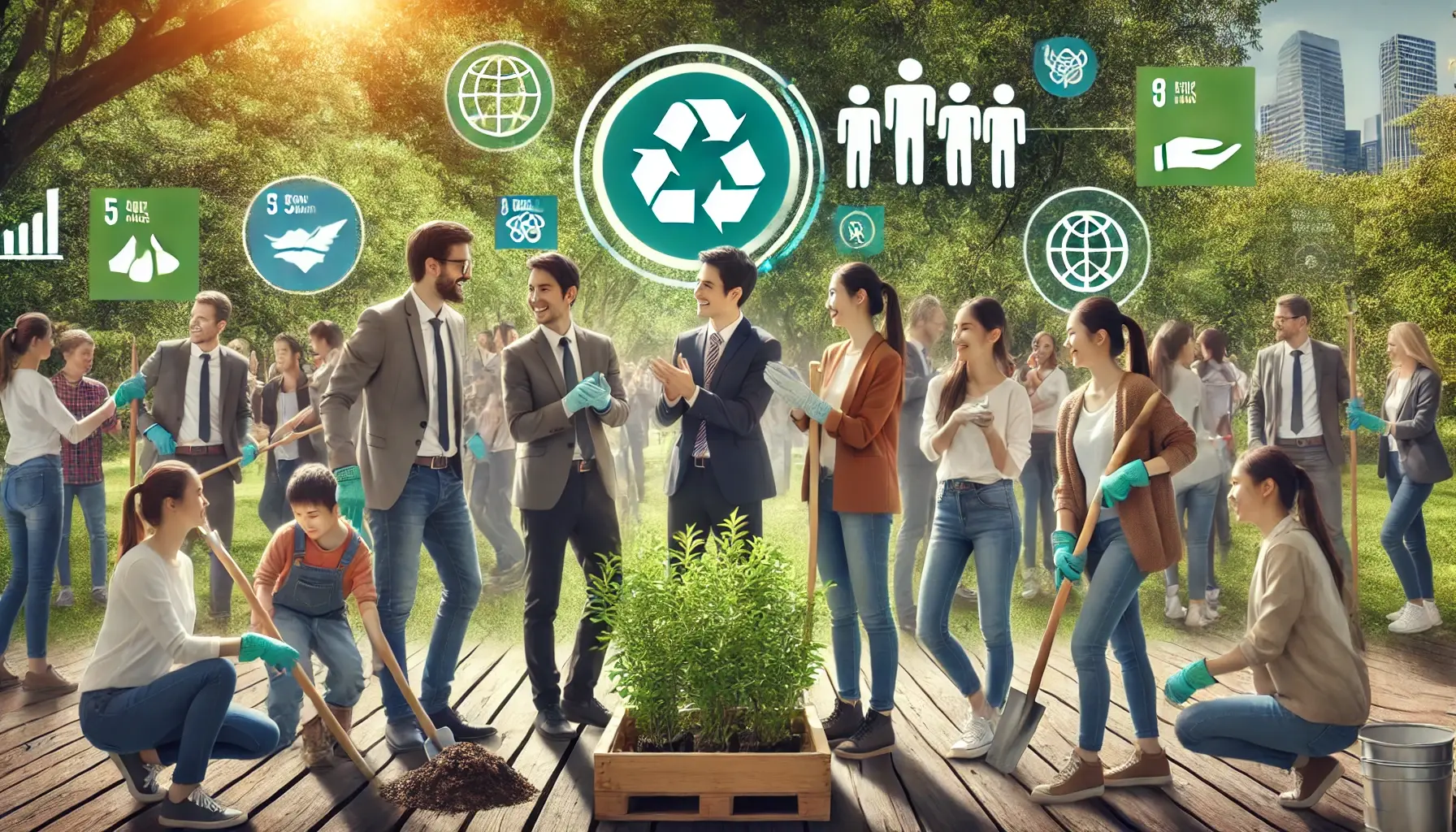 DALL·E 2024-07-05 11.47.02 - Create a realistic image depicting corporate employees engaged in community service activities, such as planting trees or cleaning up a park. In the f